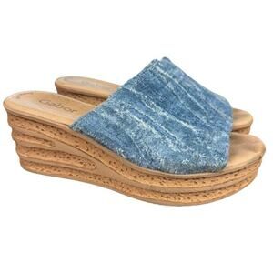 Gabor Trixie Mules Blue Denim Platform Wedge Sandals Slides Leather Shoes US 8